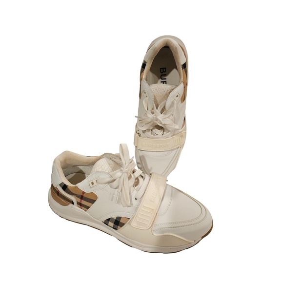 Burberry White Leather Plaid Detail Sneakers Designer Shoes Men's - Picture 1 of 9